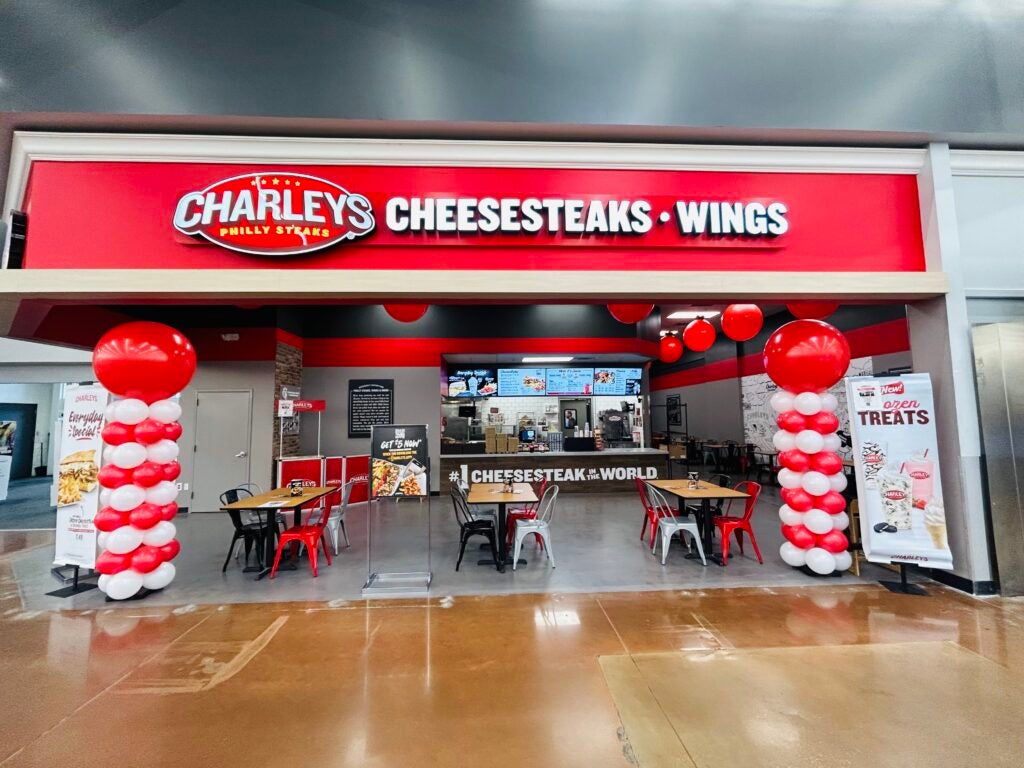 The front entrance of Charleys Cheesesteaks and Wings at Saginaw Walmart in January 2023.